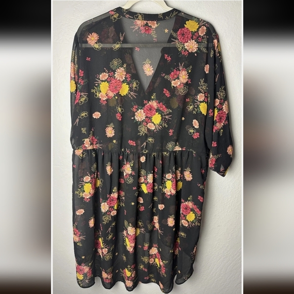 Torrid Black Tunic blouse with Pink, Red and Yellow Floral Print - Picture 2 of 3